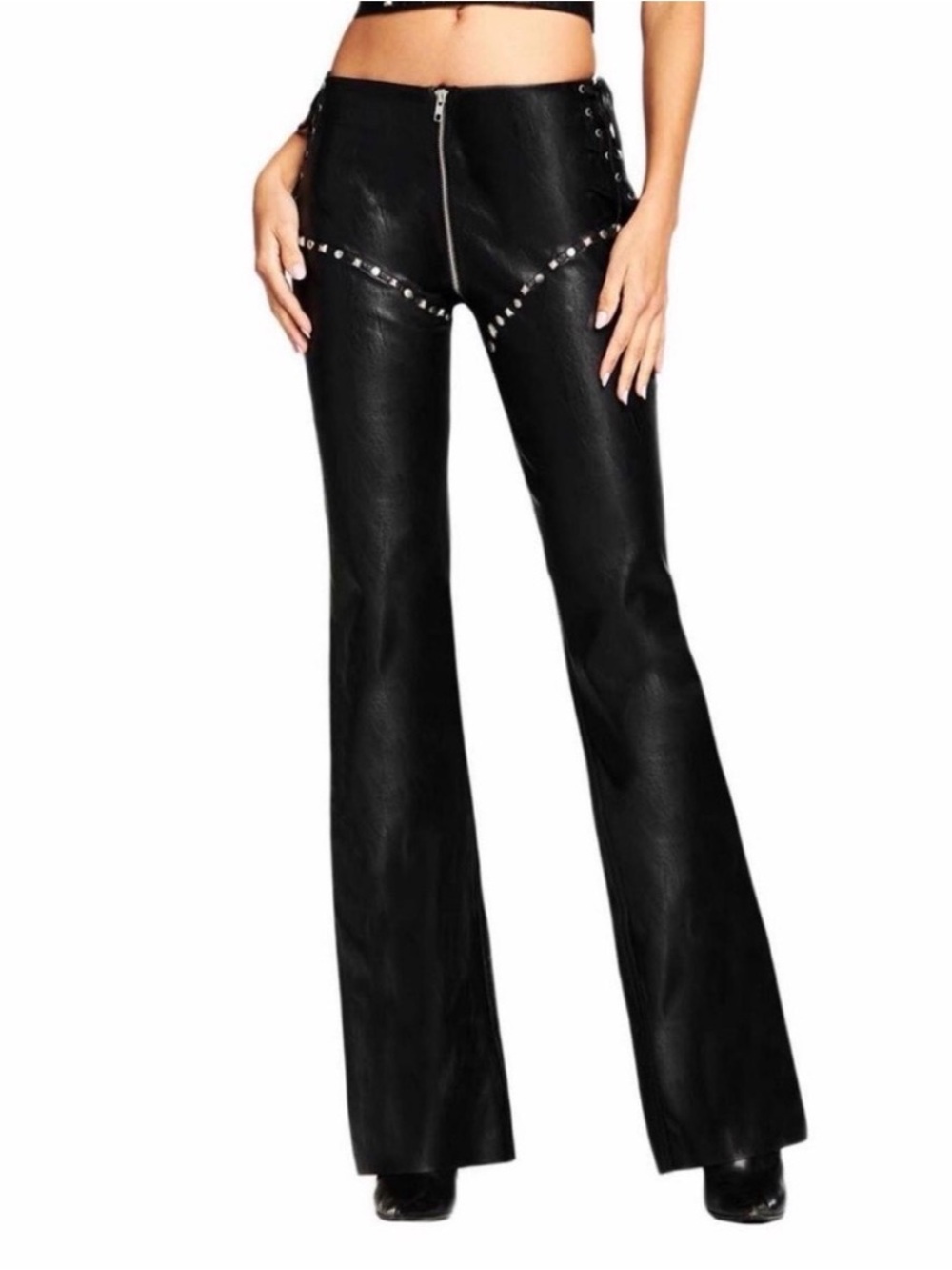 I.AM.GIA Black Faux Leather Flared Pants with Stud Trim